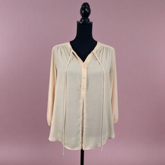 Pleione Tops - Pleione Blush Pink Tie Neck Blouse | Flowy Career Top S